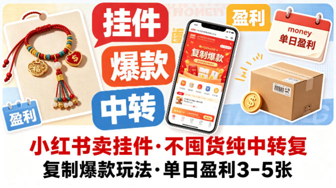 小红书卖挂件，不囤货纯中转复制爆款玩法，单日盈利3-5张-老莫涯