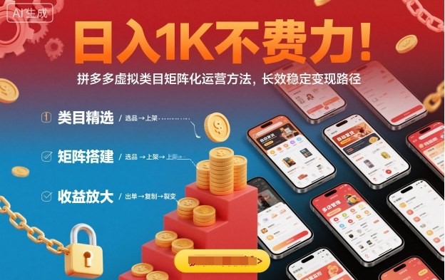 日入1K不费力！拼多多虚拟类目矩阵化运营方法，长效稳定变现路径-老莫涯