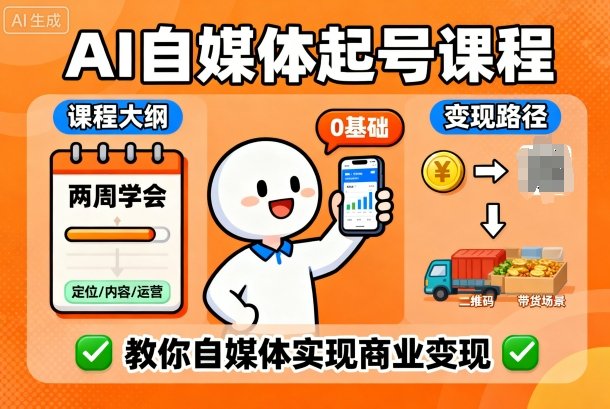 AI自媒体起号课程，0基础小白两周学会，教你自媒体实现商业变现-老莫涯