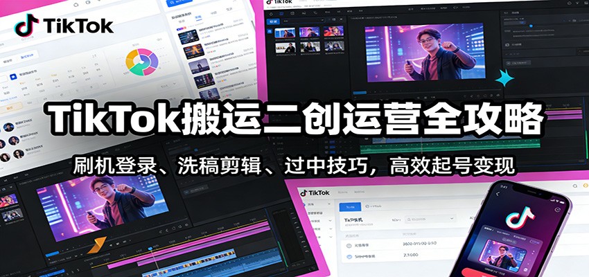 TikTok搬运二创运营全攻略：刷机登录、洗稿剪辑 、过中技巧，高效起号变现-老莫涯