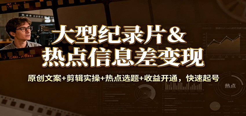 大型纪录片&热点信息差变现：原创文案+剪辑实操+热点选题+收益开通，快速起号-老莫涯