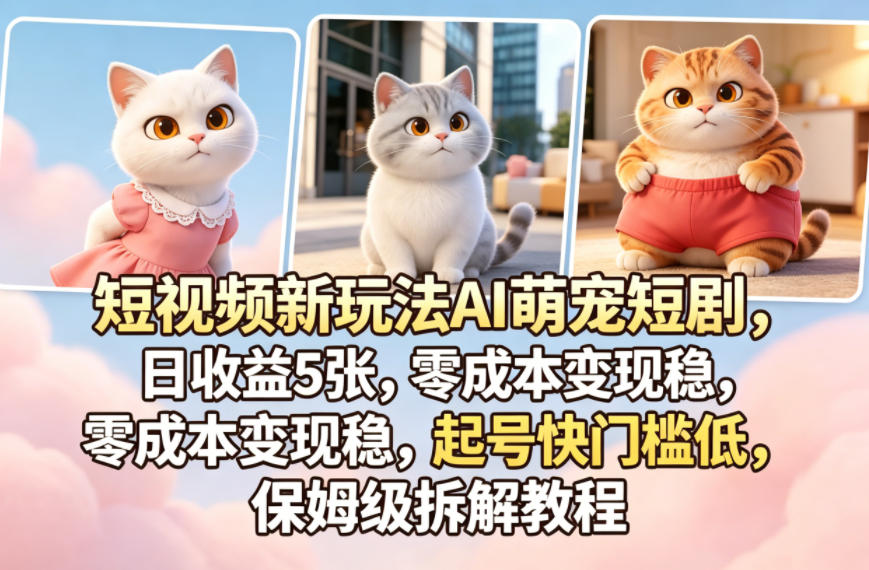 短视频新玩法AI萌宠短剧，日收益5张，零成本变现稳，起号快门槛低，保姆级拆解教程-老莫涯